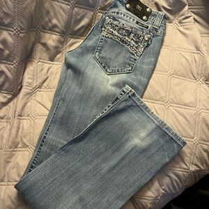 Miss Me Light Blue Straight Leg Jeans with Embellished Pocket